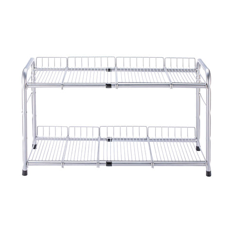 FlagShip front view of expandable under-sink shelf showing two-tier storage and neat organization