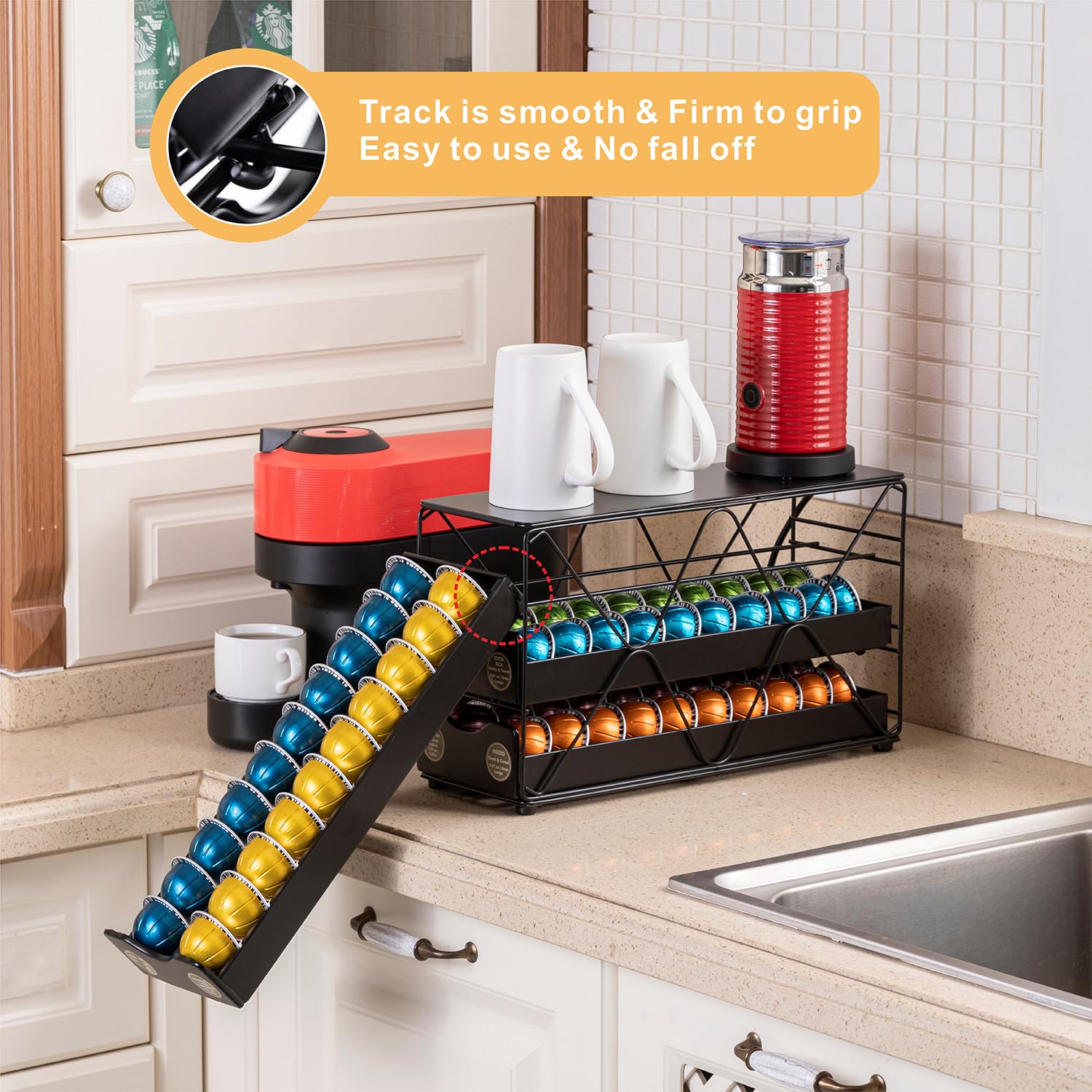 FlagShip closeup of pull-out drawer showing smooth glide and easy capsule removal