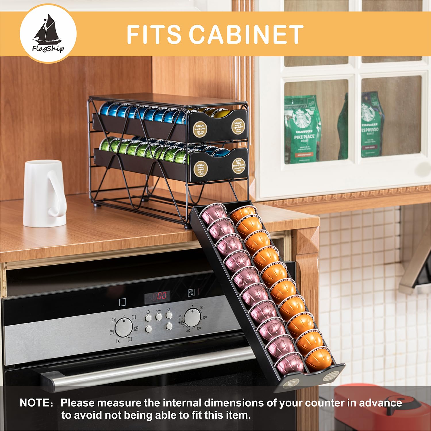 FlagShip fully stocked holder with mixed Vertuo capsules for quick flavor selection