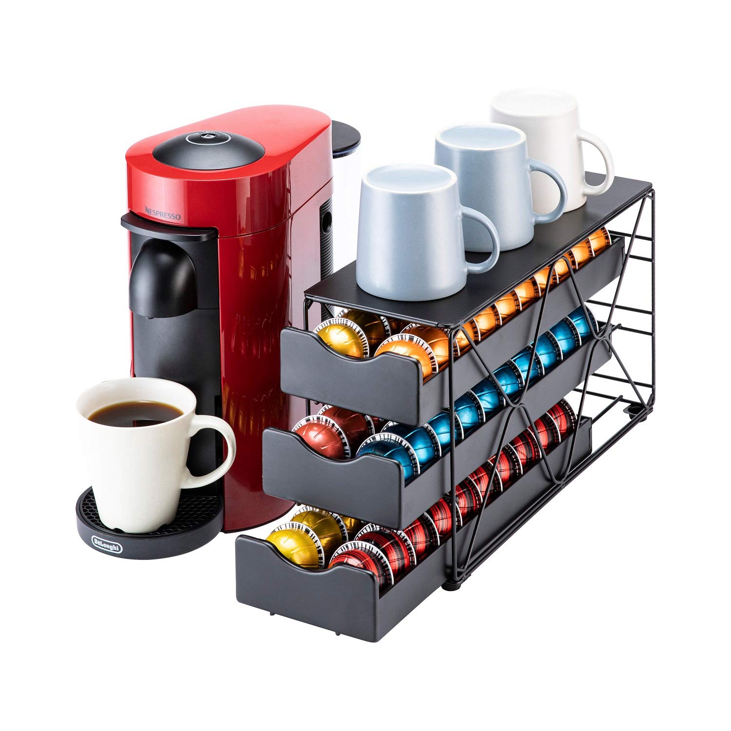 FlagShip front view of 3-tier Vertuo pod holder showing tidy arrangement and quick access