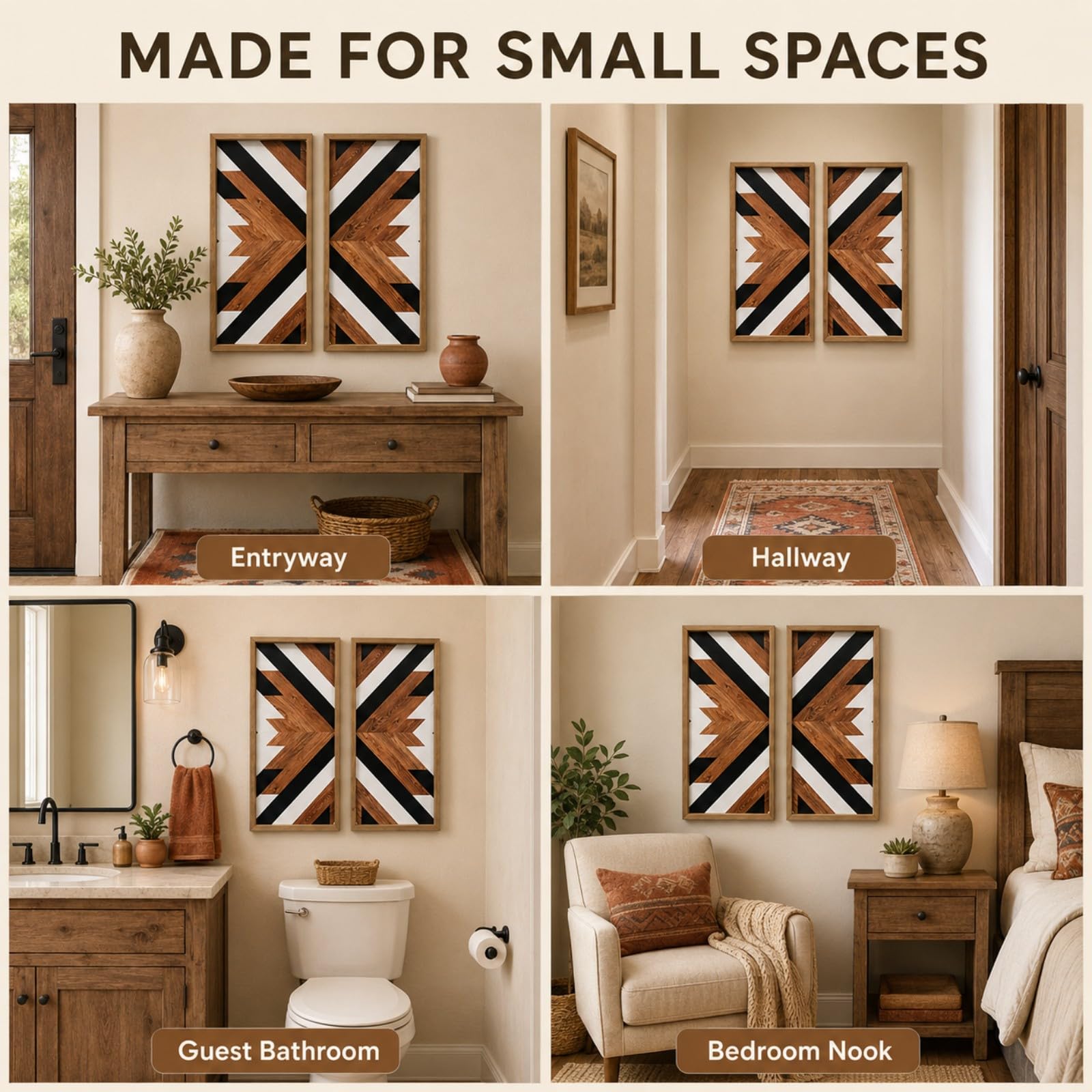 flangairy hung above console table, shows how panels elevate hallway decor