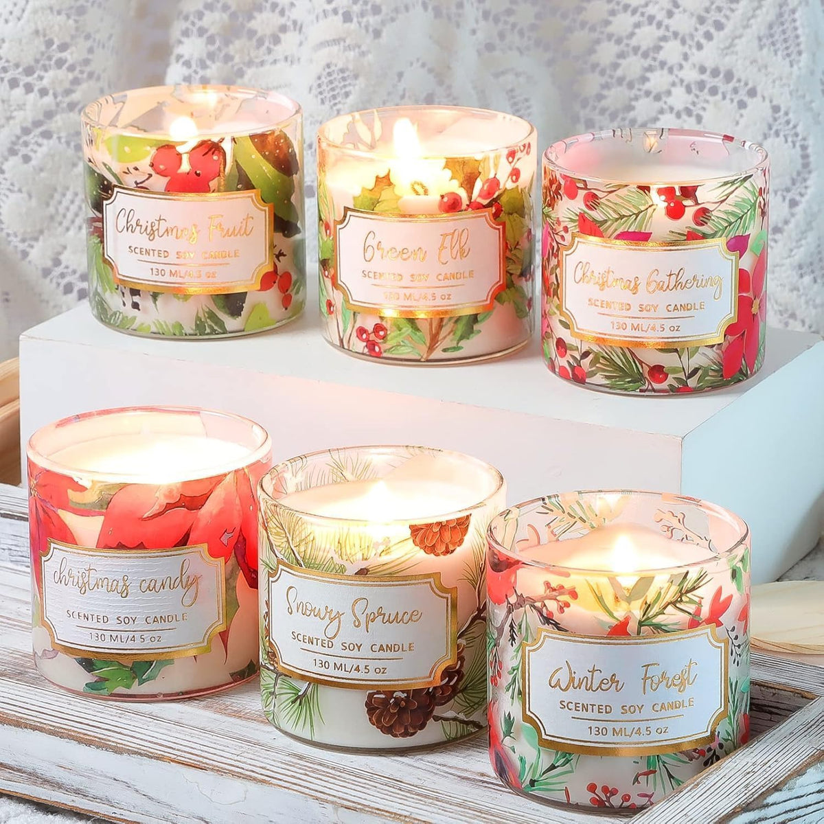 FLAVCHARM front view of six holiday jar candles, ready to gift