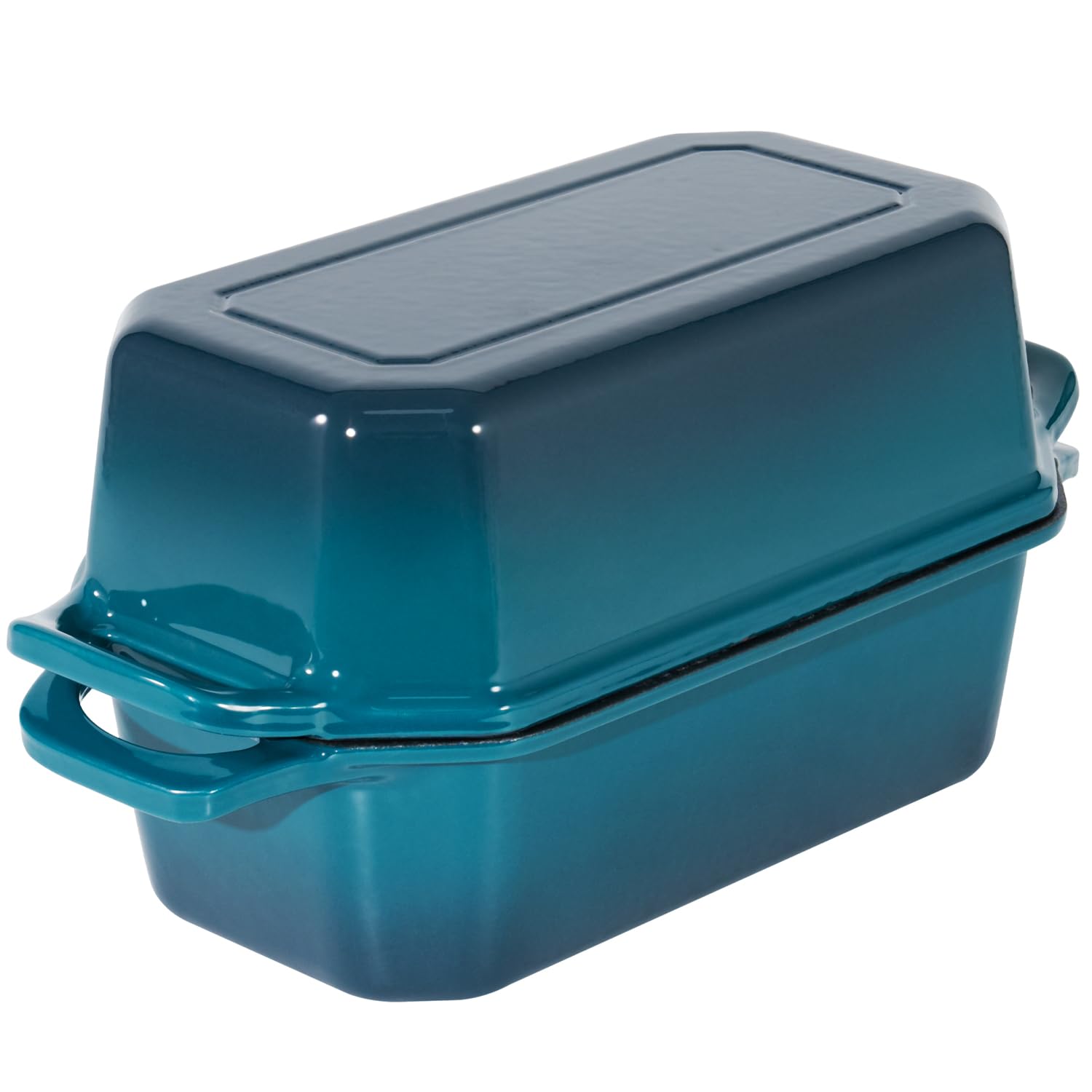 Flavehc front view loaf pan showing shape and dark cyan exterior, durable bake results
