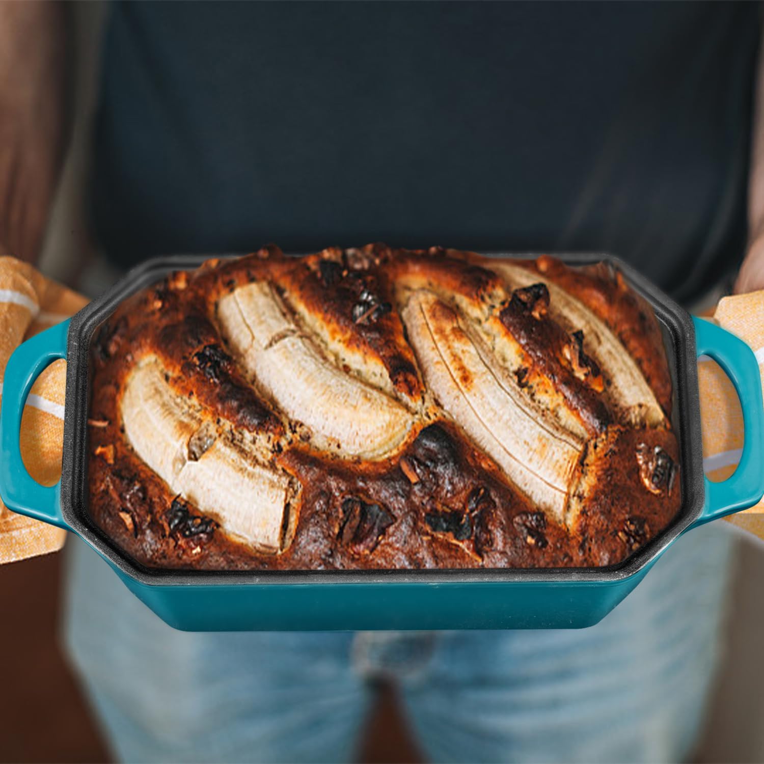 Flavehc loaf pan in oven with bread inside, consistent browning and heat retention