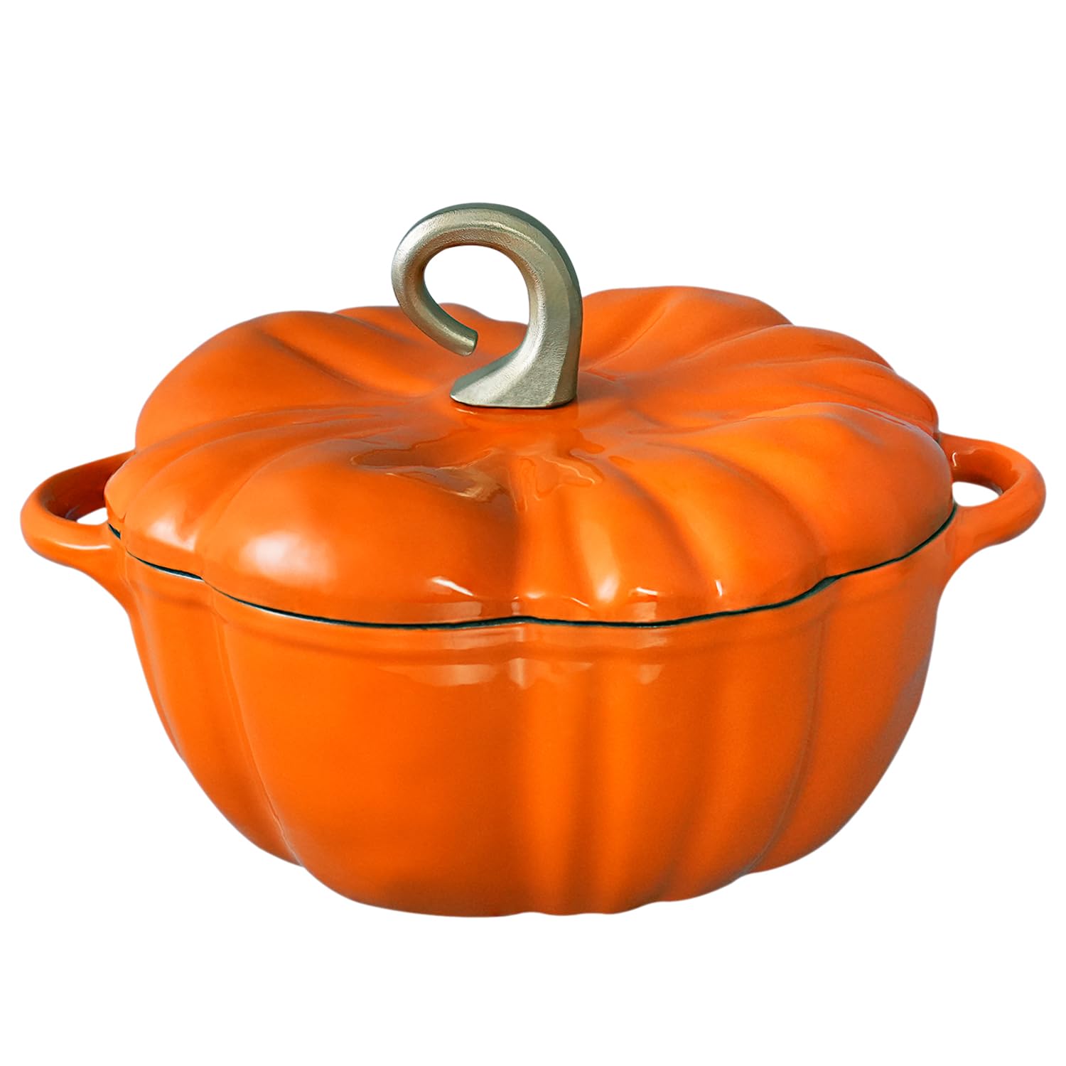 Flavehc pumpkin Dutch oven front view showing festive design and serving convenience
