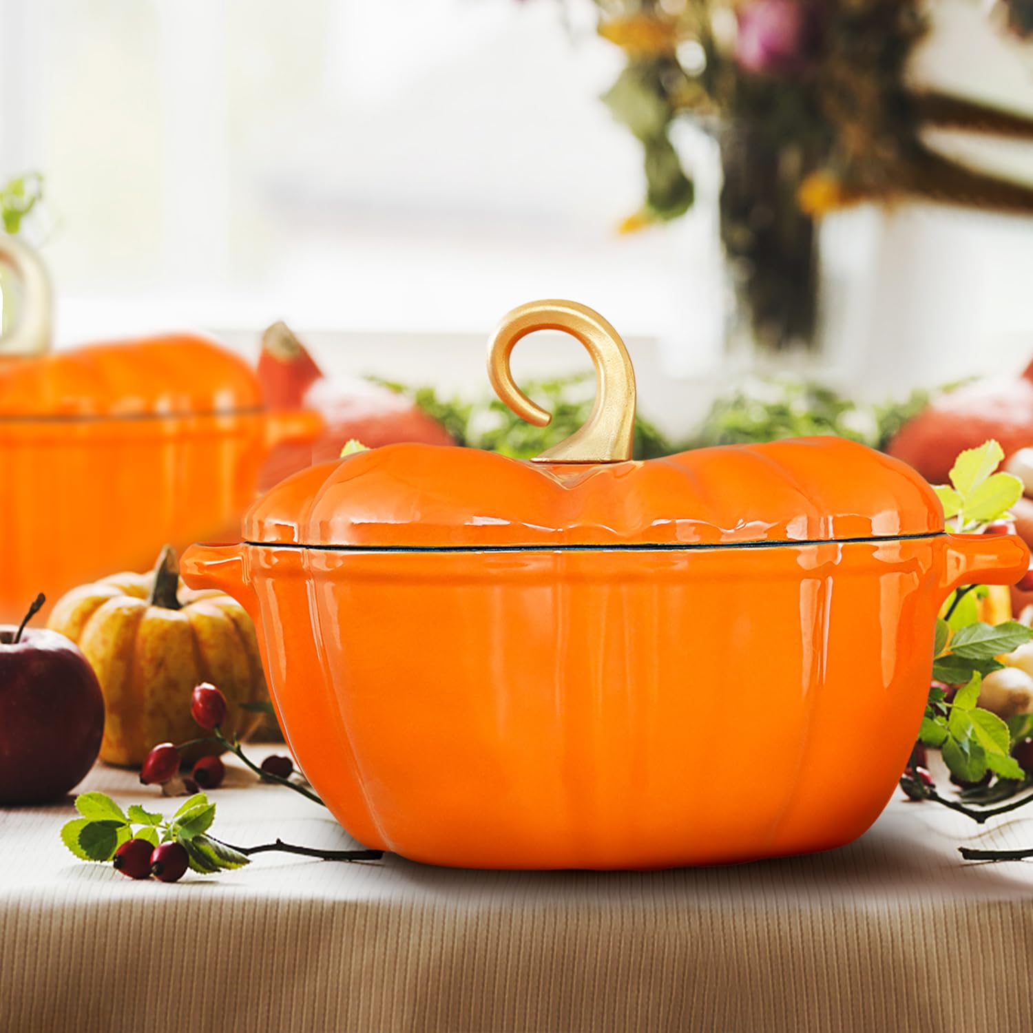 Flavehc pumpkin size compared with dinner plate illustrating compact 3.8 qt capacity