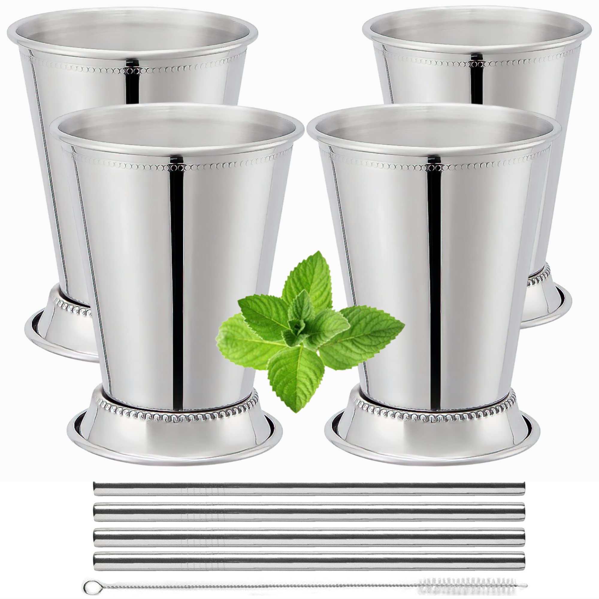 Flavourd front view of four mint julep cups showing polished finish and included straws, elegant display benefit
