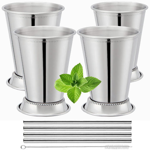 Flavourd front view of four mint julep cups showing polished finish and included straws, elegant display benefit