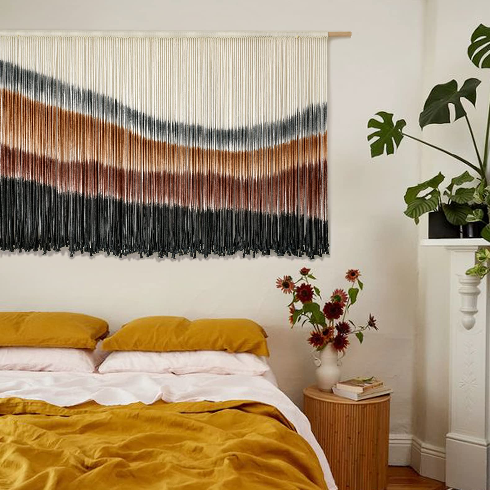 Flber fringe and tie-dye detail highlighting layered pattern that adds visual depth