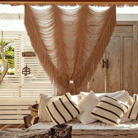 Flber macrame curtain full front view showing boho texture and soft light