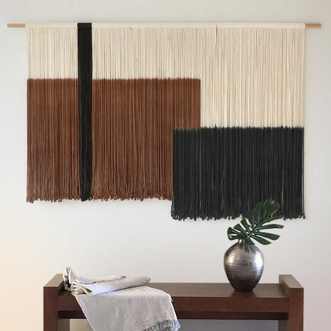 Flber macrame front view showing full 57 by 35 size and geometric pattern, adds warmth