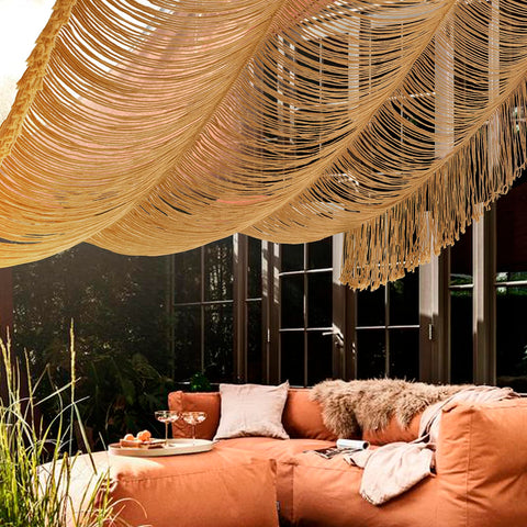 Flber macrame fabric texture closeup showing cotton fibers and gentle drape