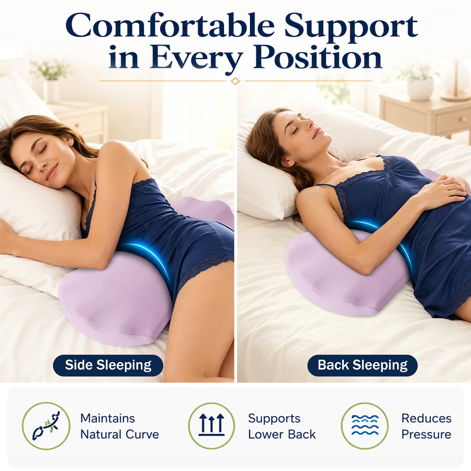 Fledano lumbar pillow in bed under lower back providing nighttime spinal support