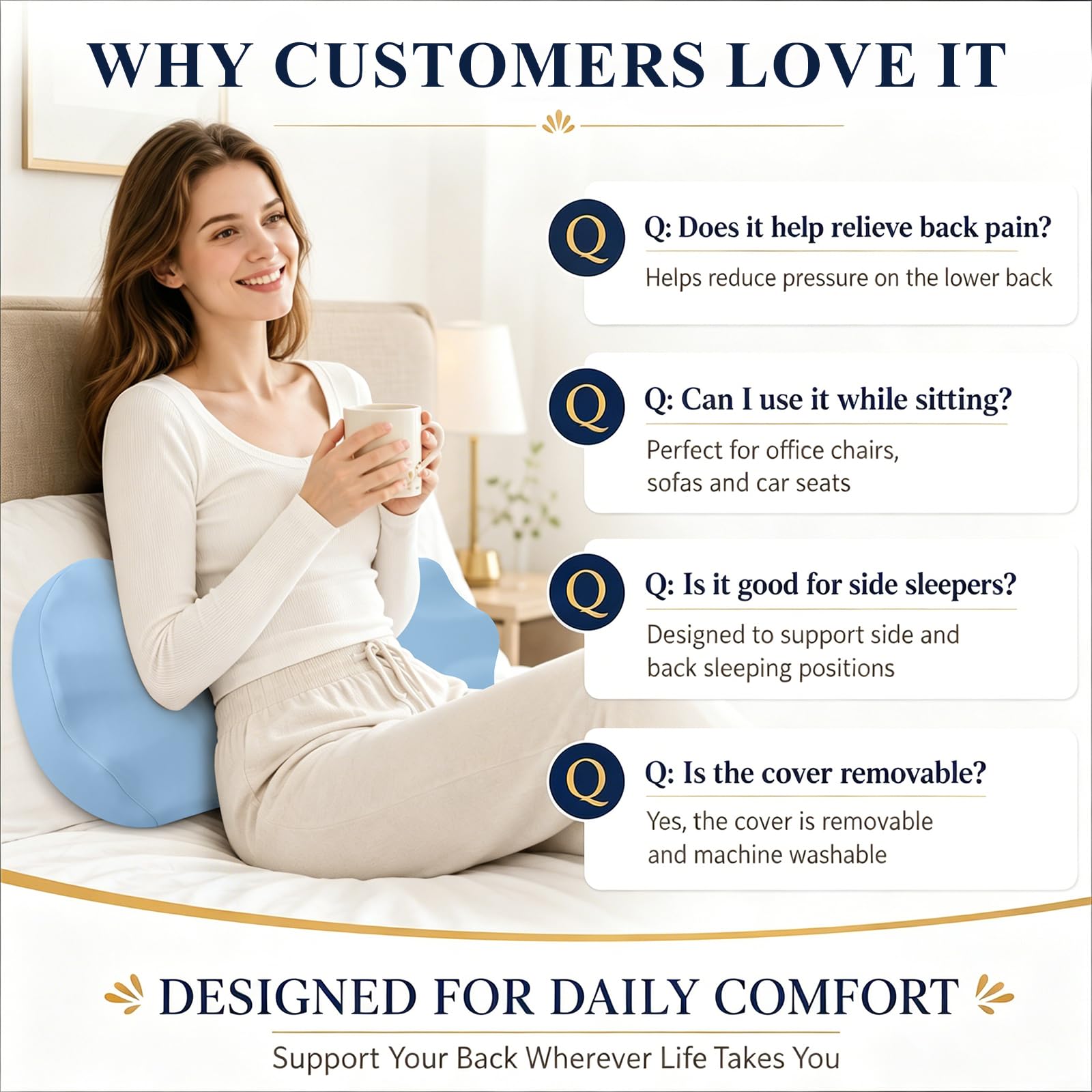 Fledano pillow styled on a bed to show bedroom use and comfort benefits
