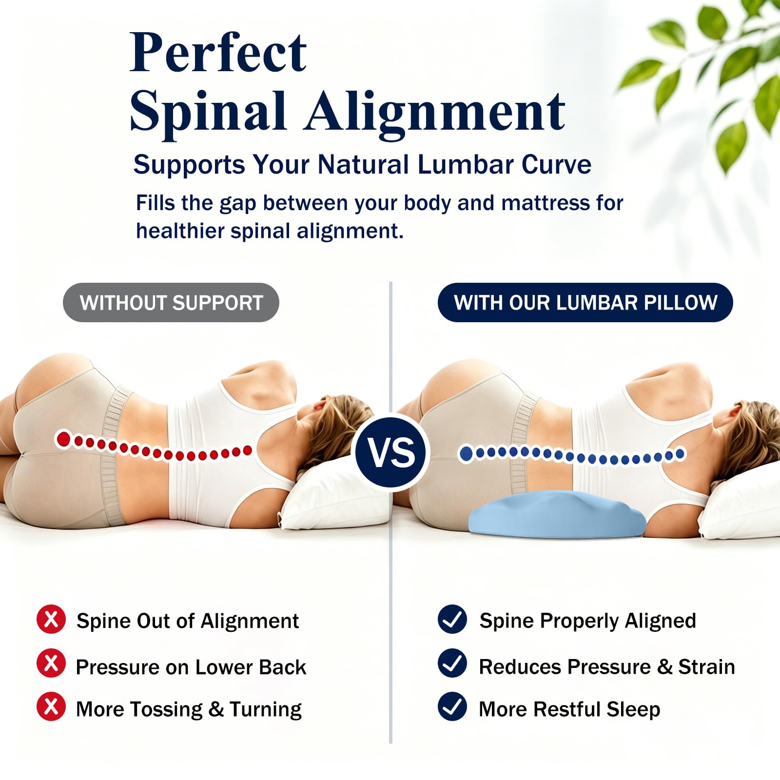 Fledano pillow placed under lower back of side sleeper for improved posture