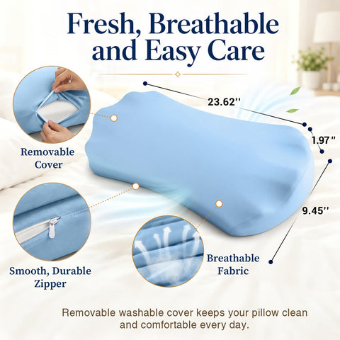 Fledano packaged pillow with label showing product features and care