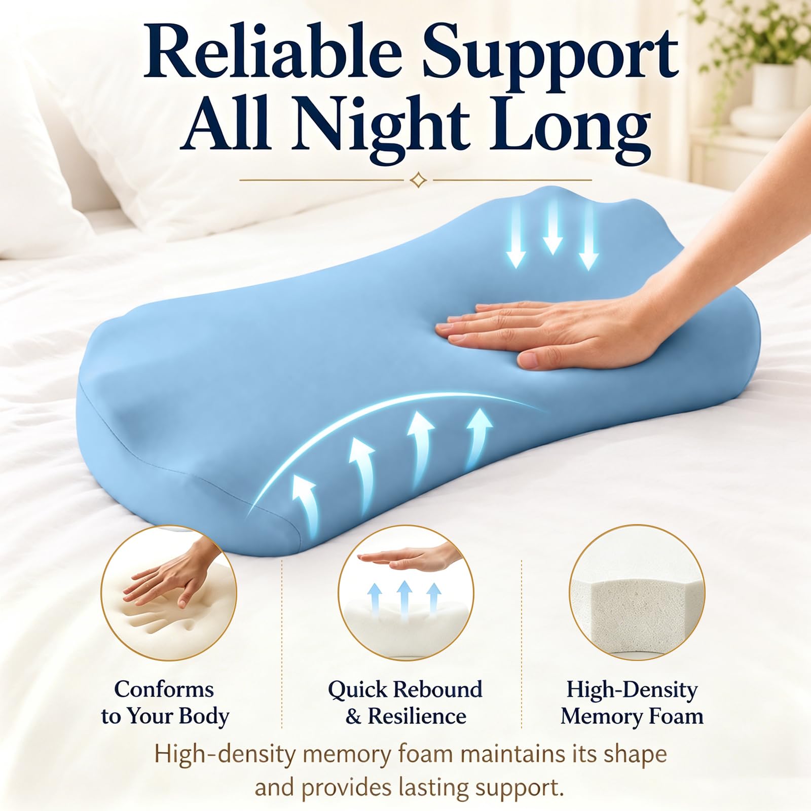 Fledano pillow next to a hand to show scale and compact portability