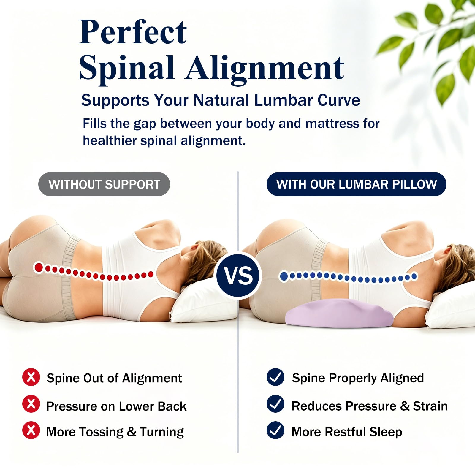 Fledano pillow placed under knees to elevate legs and relieve lower back tension