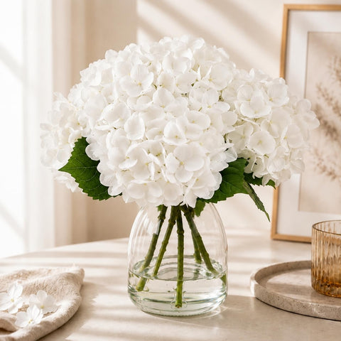 FLEURIFI front view of hydrangea arrangement in glass vase showing elegant display