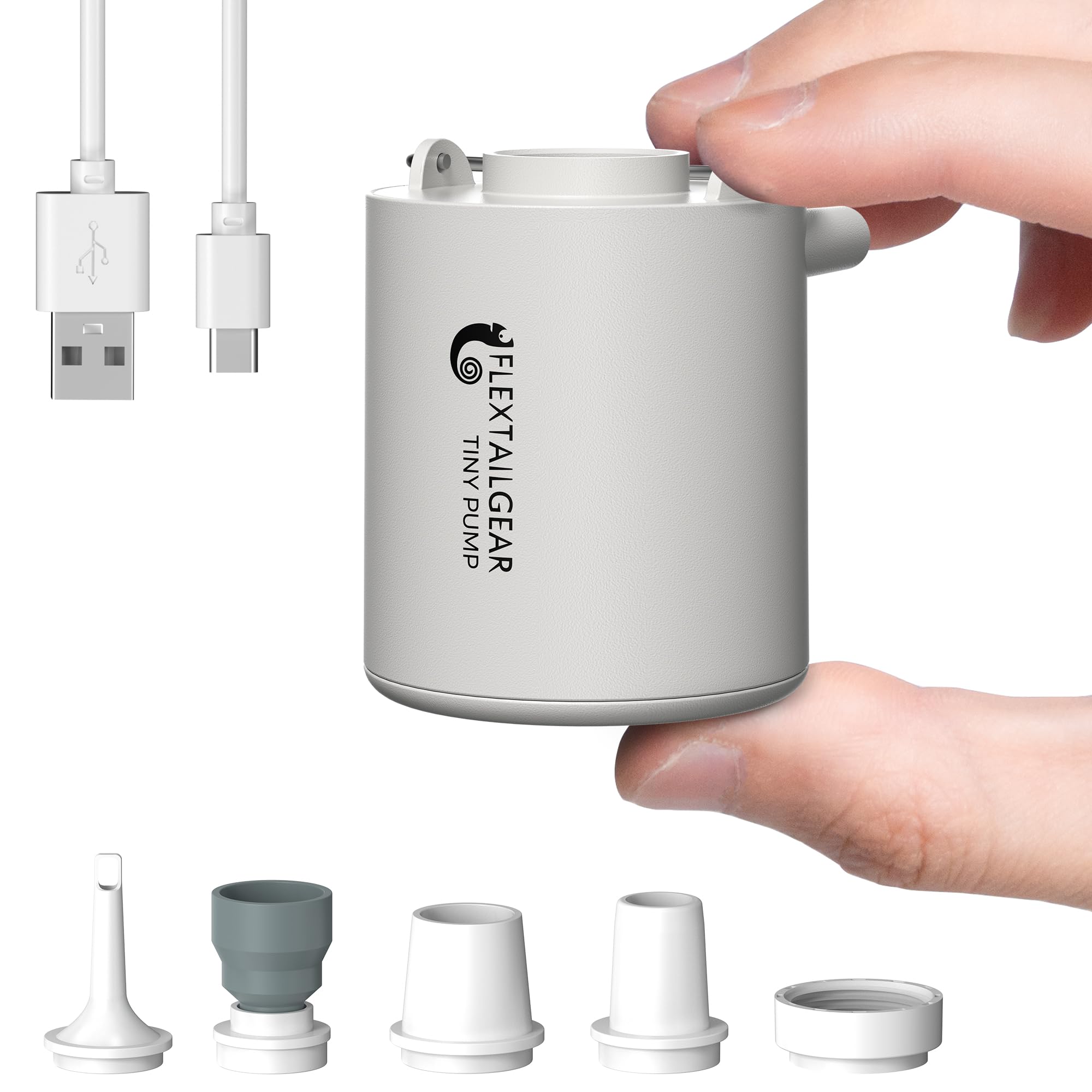 FLEXTAILGEAR front view of compact pump showing pocket-sized portability and quick inflation benefit