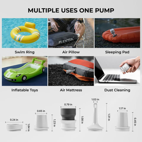FLEXTAILGEAR Tiny Pump at a campsite lifestyle scene showing quiet use and multitool value