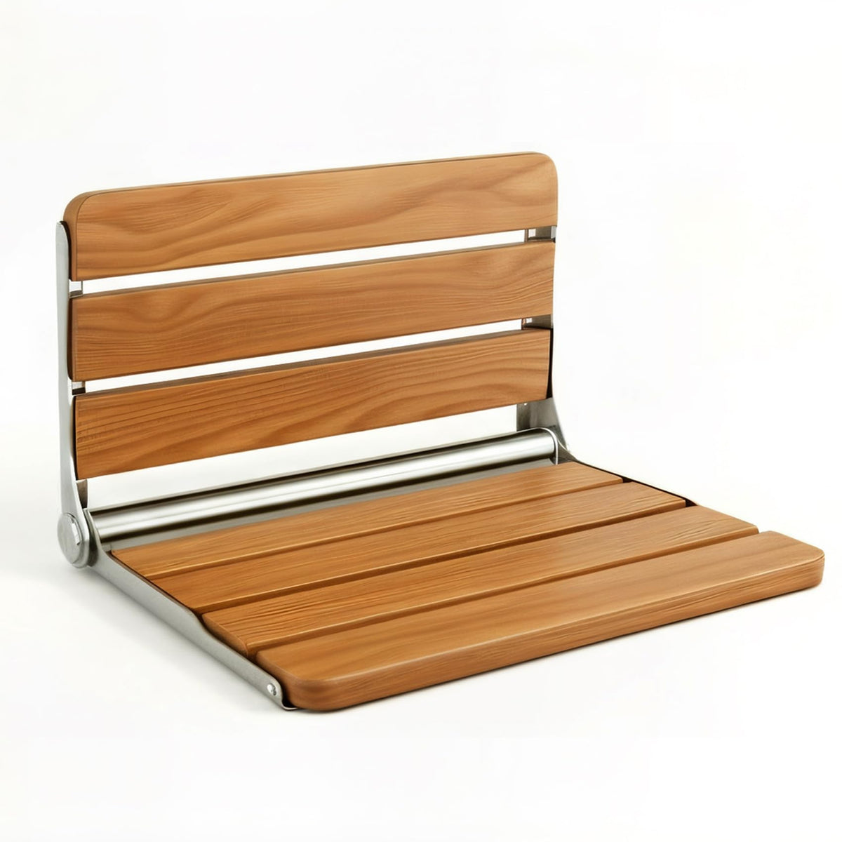 Flngr front view showing teak seat and stainless hardware, stylish space-saver