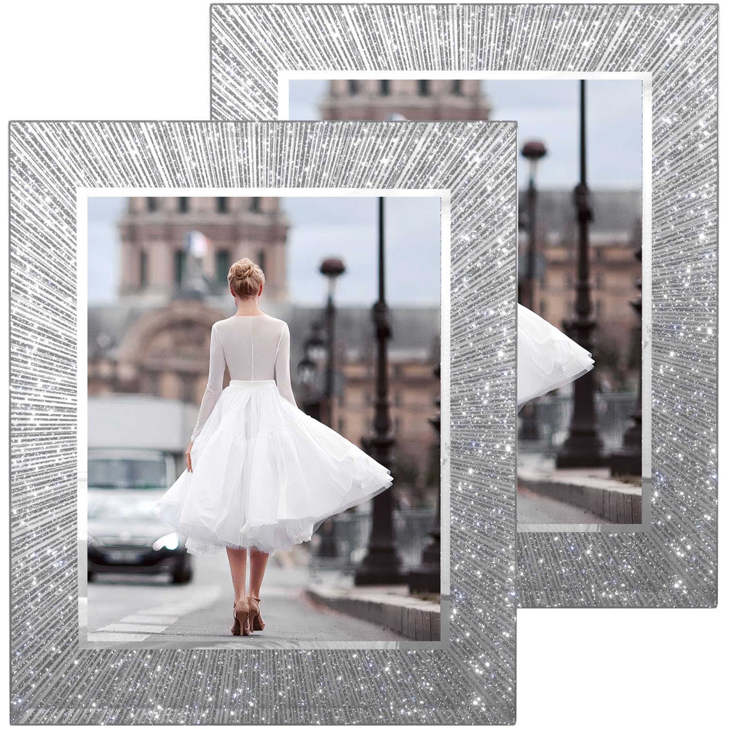 Flocey front view of both frames showing decorative glitter and clear display for elegant presentation