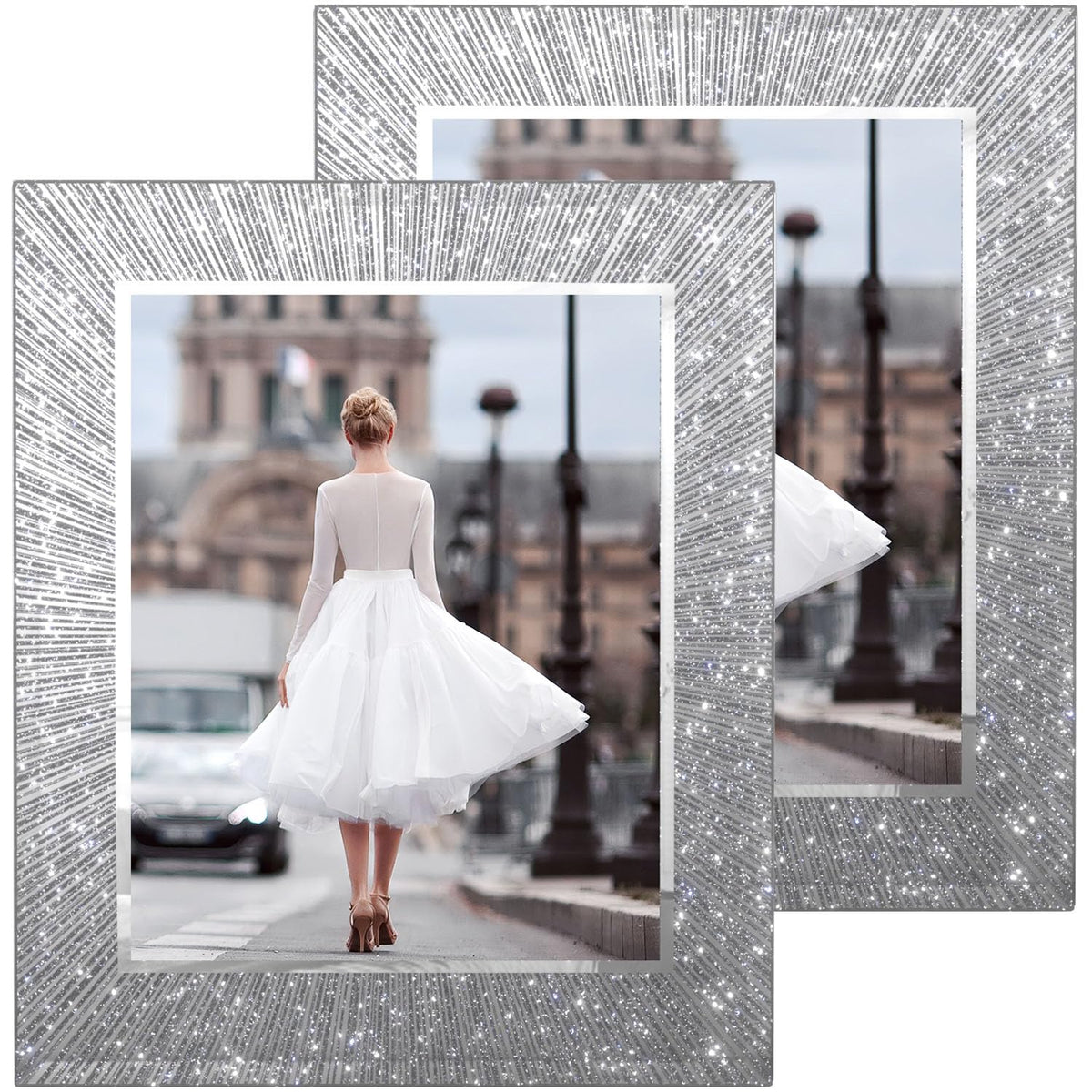 Flocey front view of both frames showing decorative glitter and clear display for elegant presentation