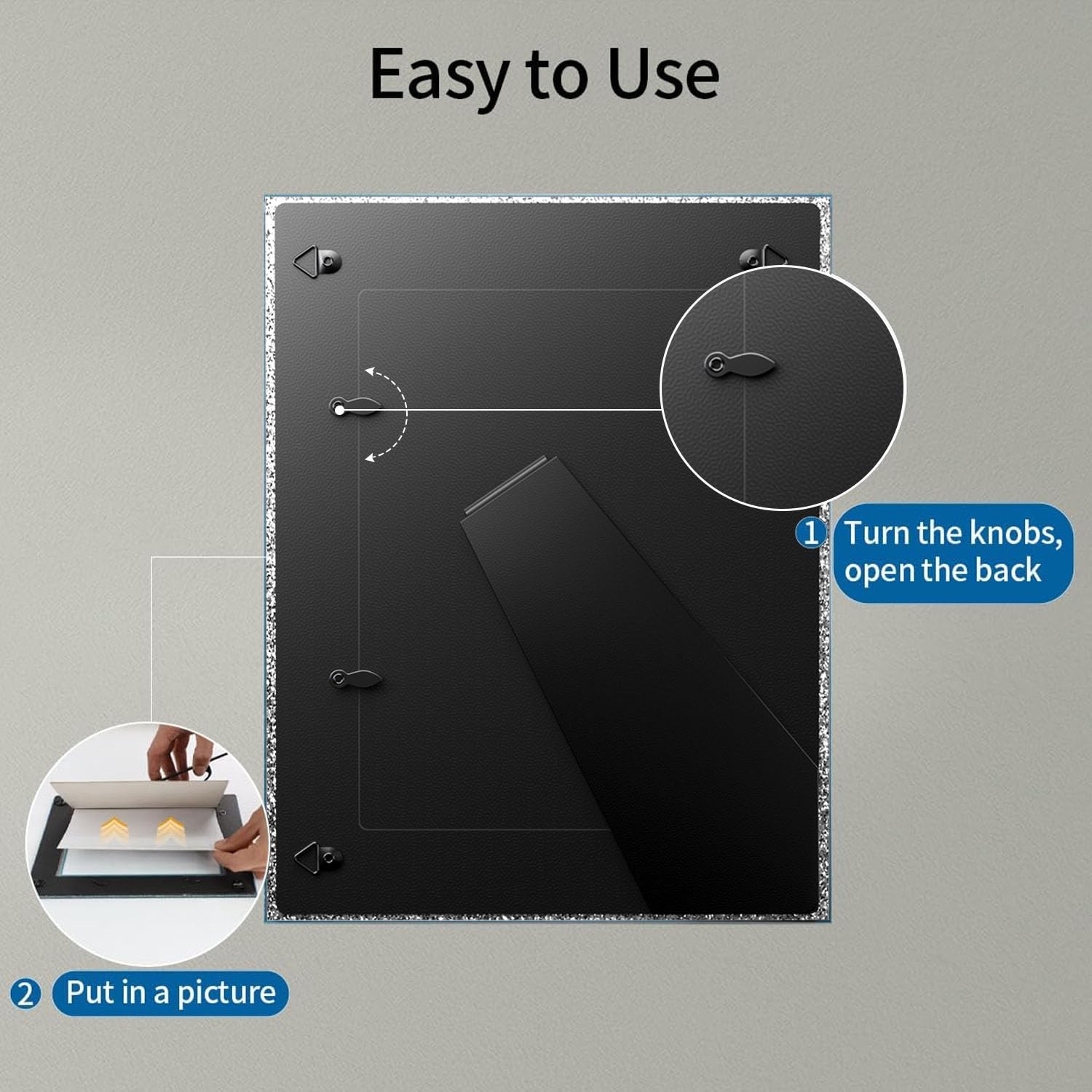Flocey frame standing on tabletop demonstrating upright display versatility and stability