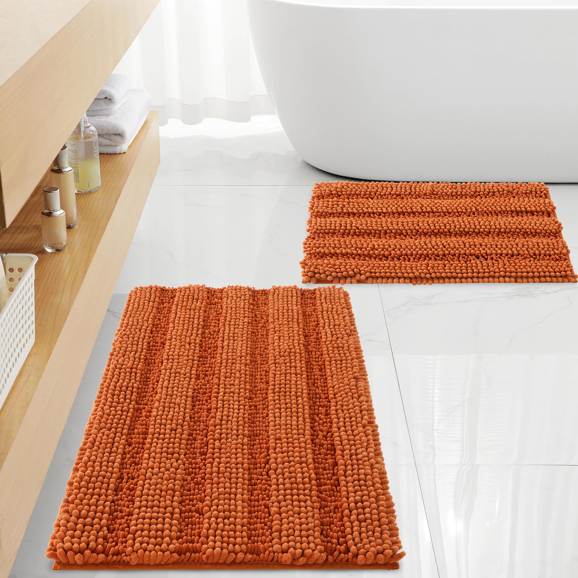 FLOLEOPA front view of burnt orange rug set showing bold color and stripes comfort