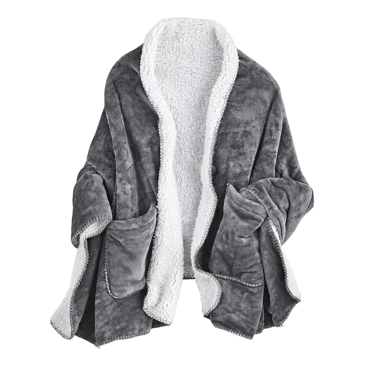 FLORIANA front view grey poncho showing full drape and cozy fit for lounging