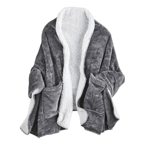 FLORIANA front view grey poncho showing full drape and cozy fit for lounging
