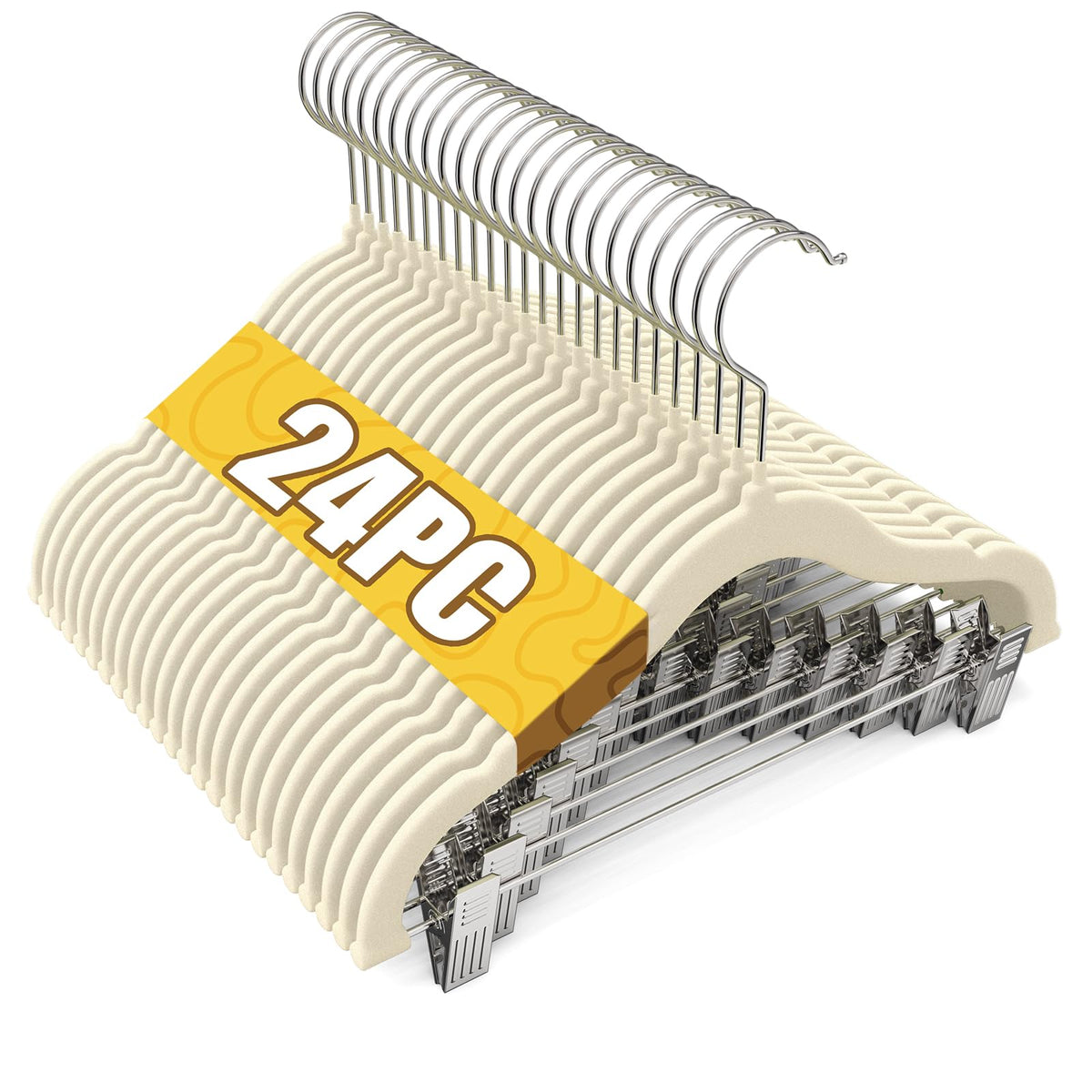 Flottian front view of beige 24-pack hangers showing neat storage benefit