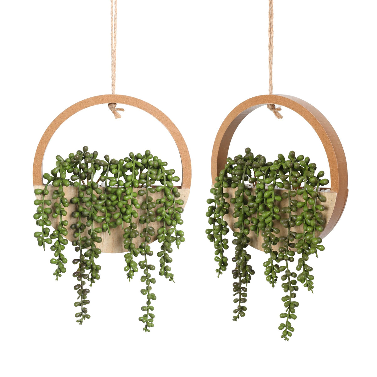 Floweroyal front view wood-colored pot showing natural hanging greenery benefit: instant decor