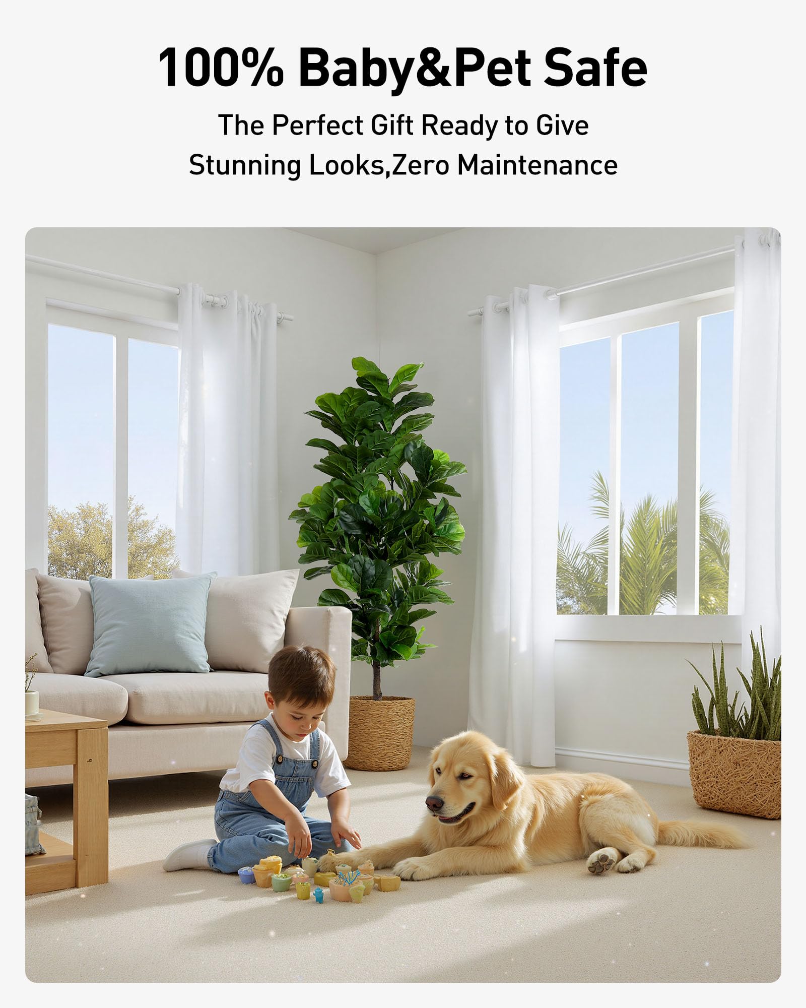 FLOWORLD tree styled in a living room adding instant greenery and decor impact
