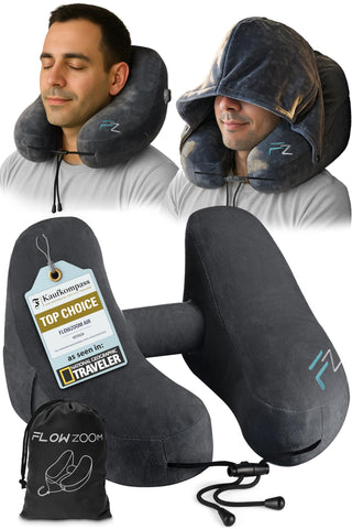 FLOWZOOM front packaging showing jet black pillow and features, highlights convenience