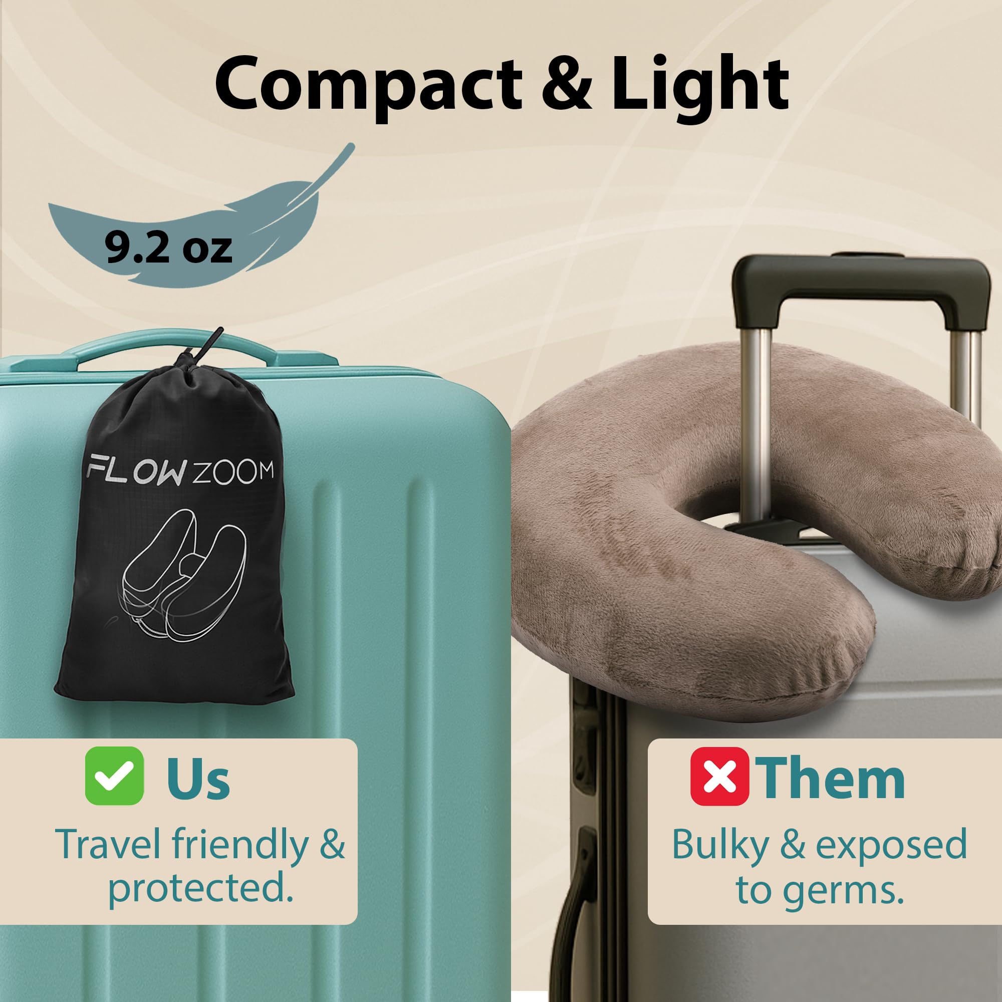 FLOWZOOM packed in travel pouch demonstrating ultra-compact, lightweight portability