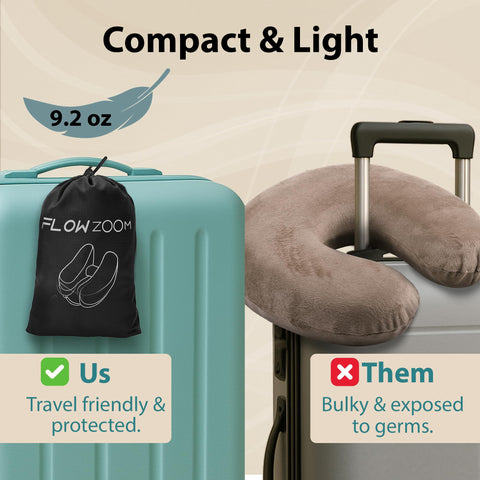FLOWZOOM packed in travel pouch demonstrating ultra-compact, lightweight portability