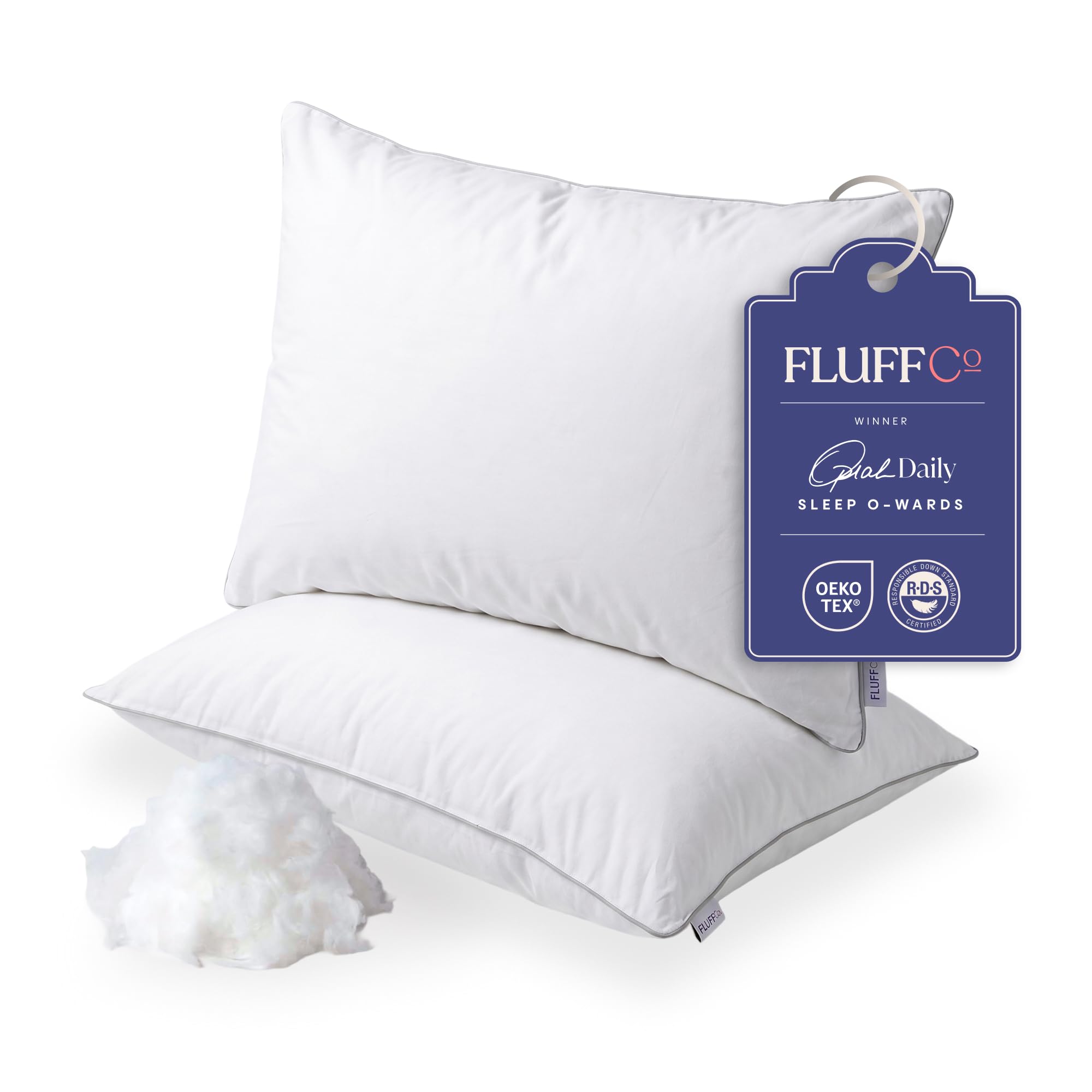 FluffCo two-pack front view shows matched pillows for consistent comfort