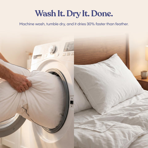 FluffCo pillow in washing machine showing machine-washable convenience
