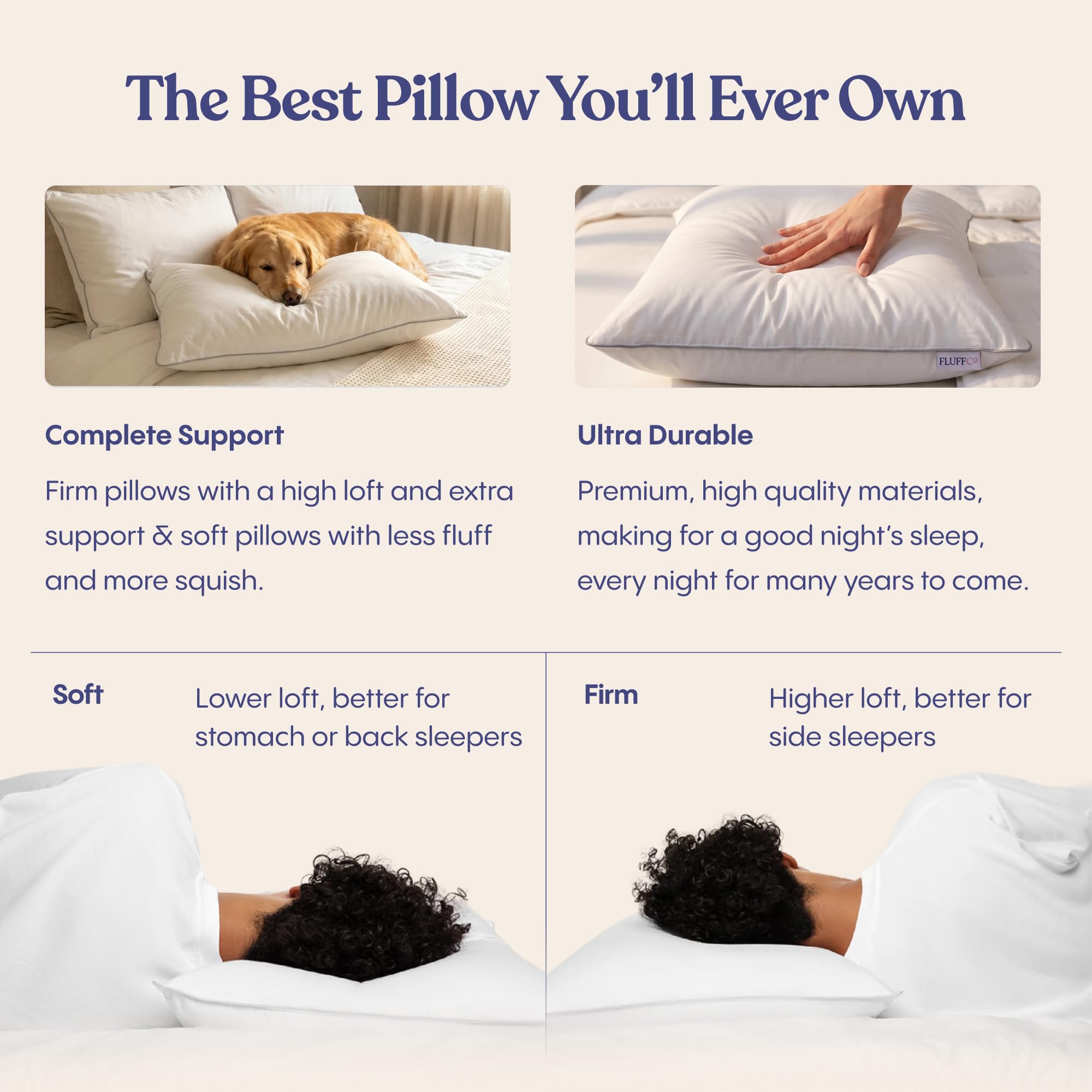 FluffCo pillow on a made bed illustrating hotel-style presentation and comfort