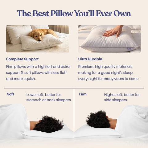 FluffCo pillow on a made bed illustrating hotel-style presentation and comfort