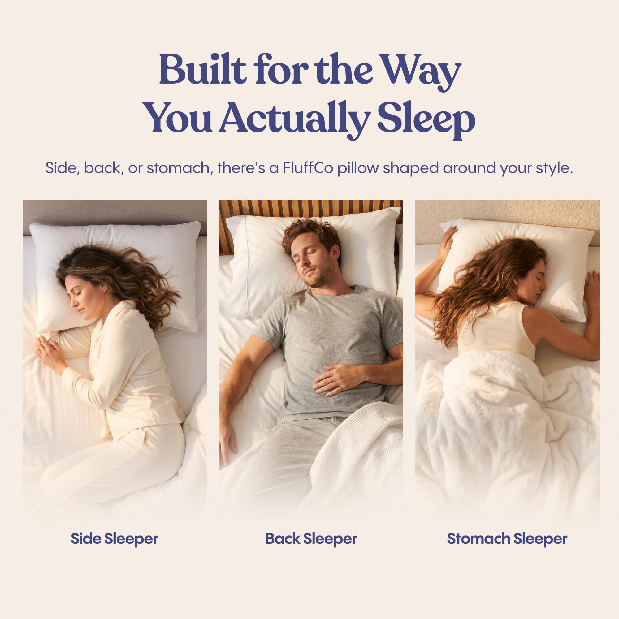 FluffCo pillow in bed lifestyle scene demonstrating supportive comfort at night