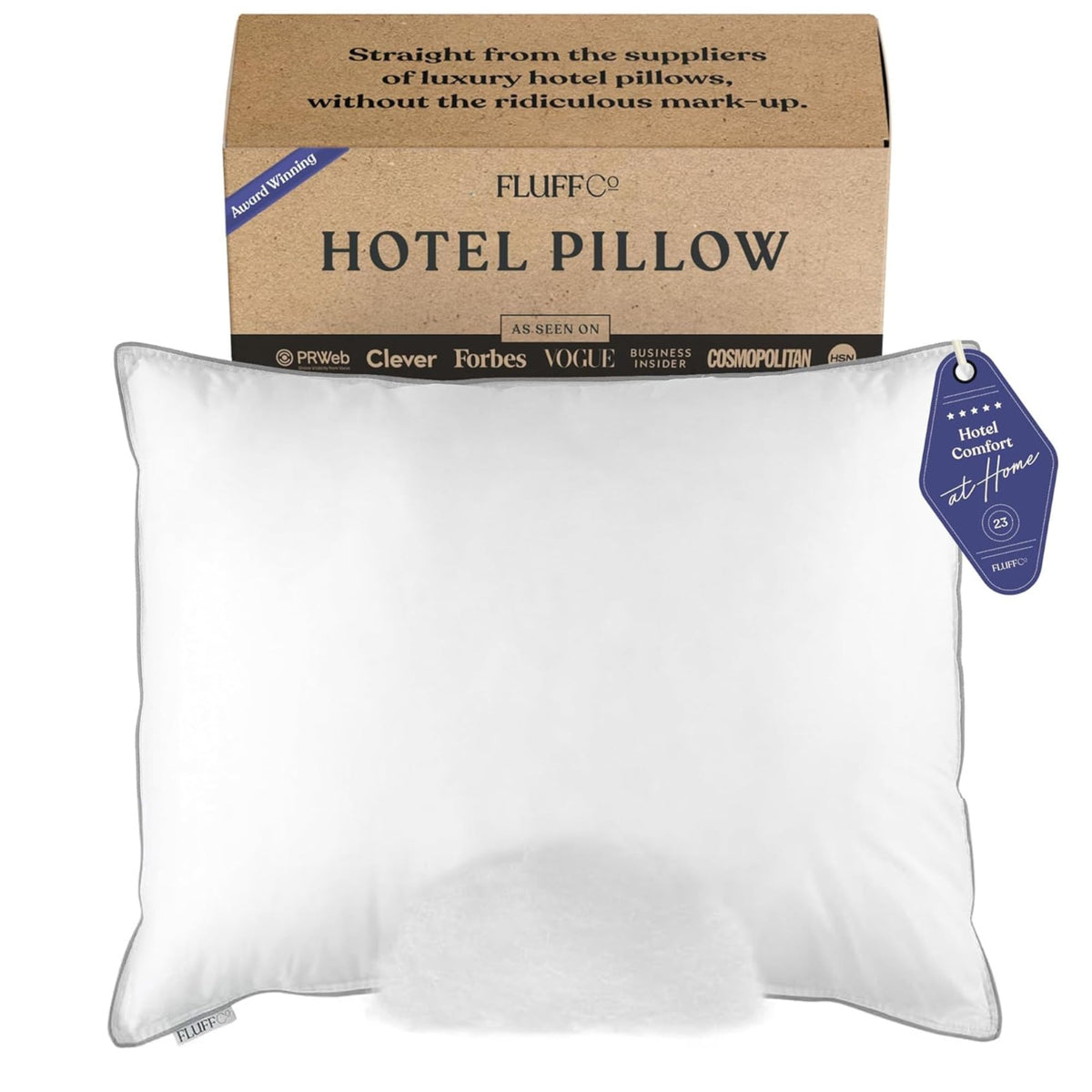 FluffCo Zen Fluff king pillow front view showing hotel-style finish and steady support