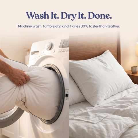 FluffCo washcare label shot showing machine-washable instructions for easy care