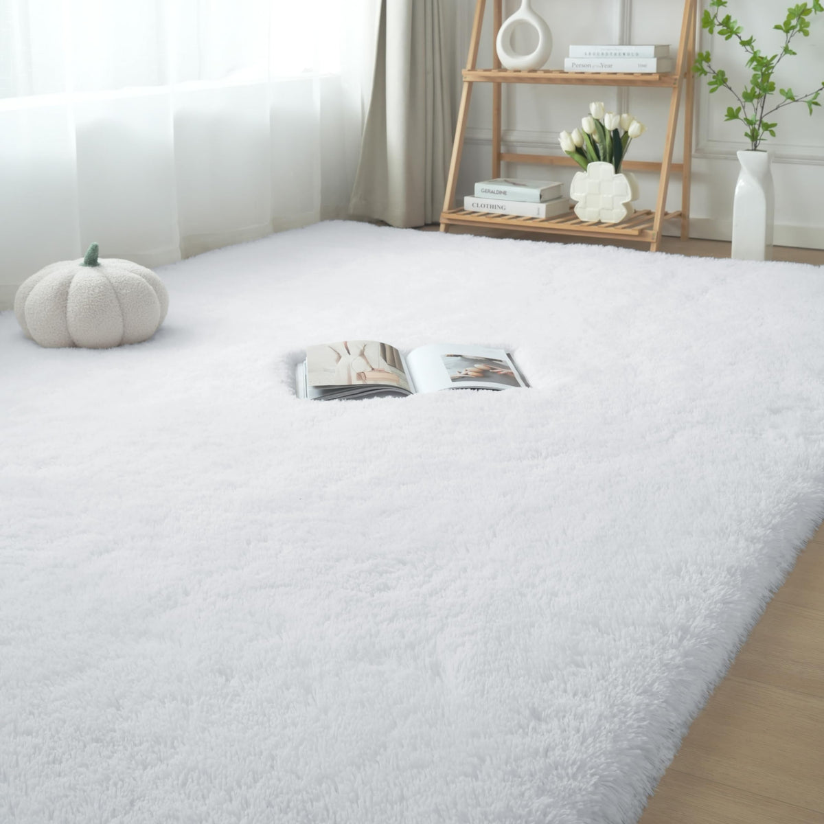 Fluffyrug front view 5x7 white rug brightens room and softens floors