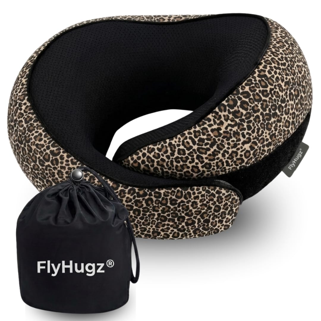 FlyHugz leopard front view showing compact support and stylish print benefit travel comfort
