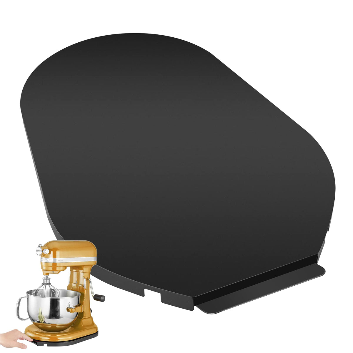 Flyisland front view showing mixer on tray protecting countertop and easing movement