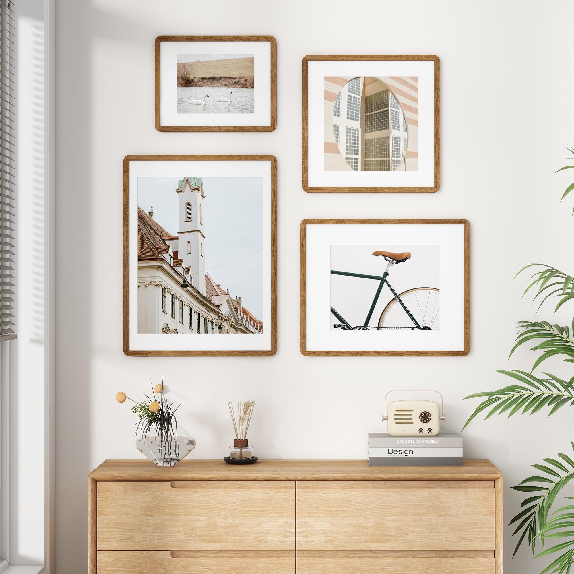 FLYJOE walnut frame in a living room gallery wall boosting decor cohesion