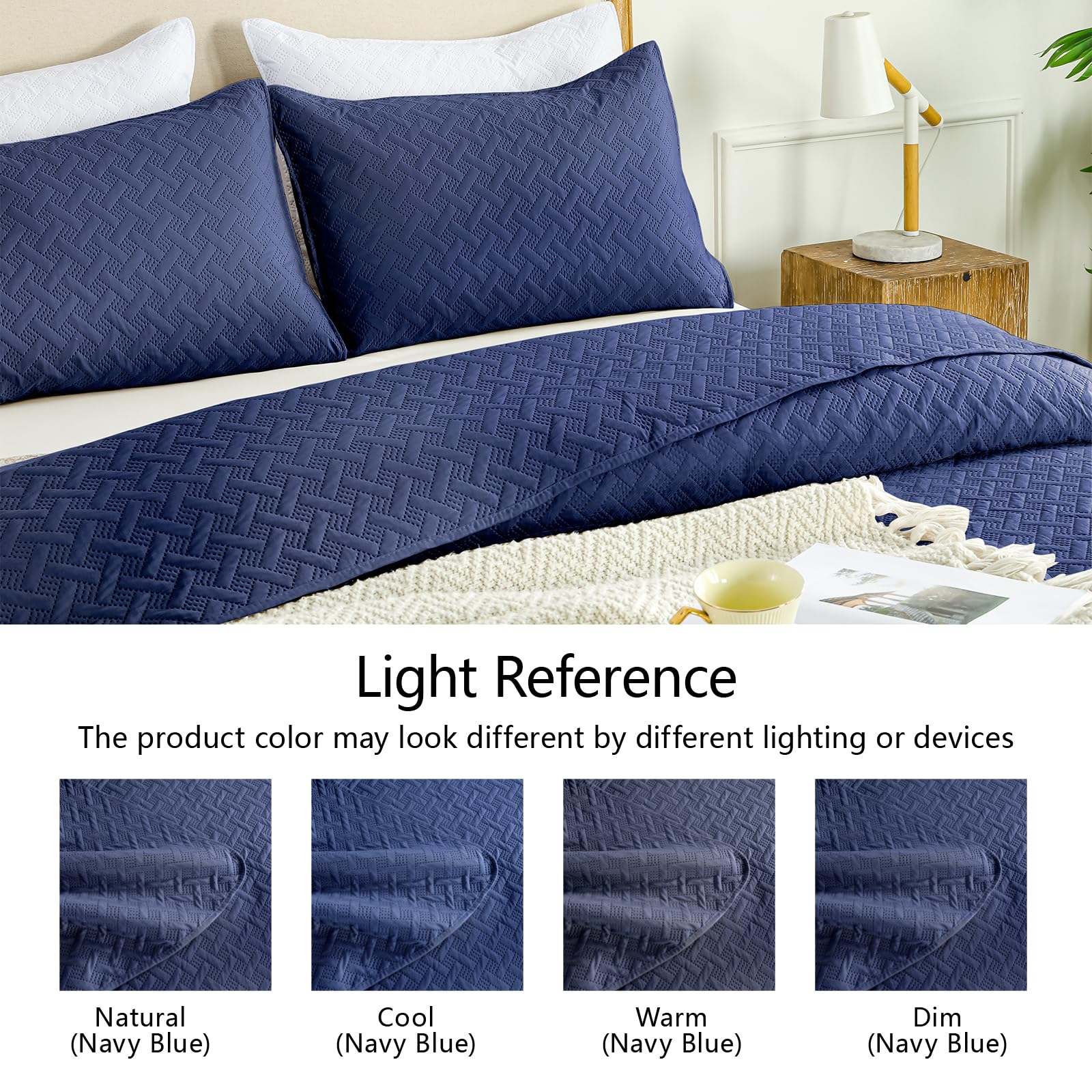 FLYMME quilt styled in bedroom lifestyle, demonstrates cozy, modern navy aesthetic